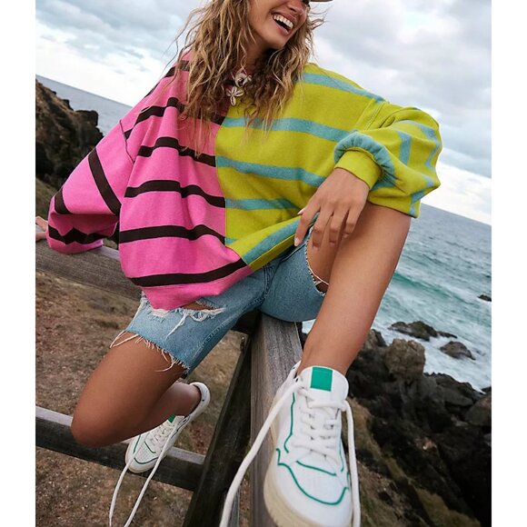 Free People Pink and Green Striped Sweatshirt - Picture 5 of 8
